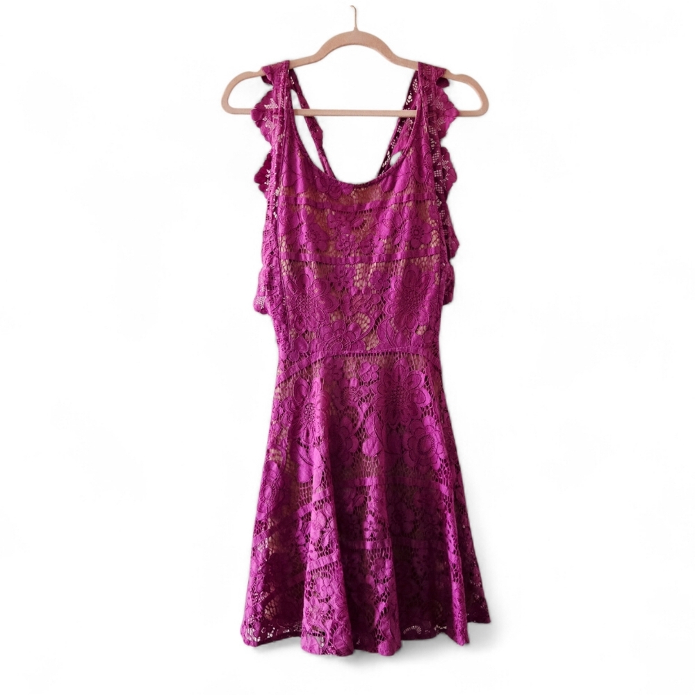 For Love & Lemons Gianna Lace Criss Cross Backless Mini Dress Pink Purple Medium - Picture 2 of 9